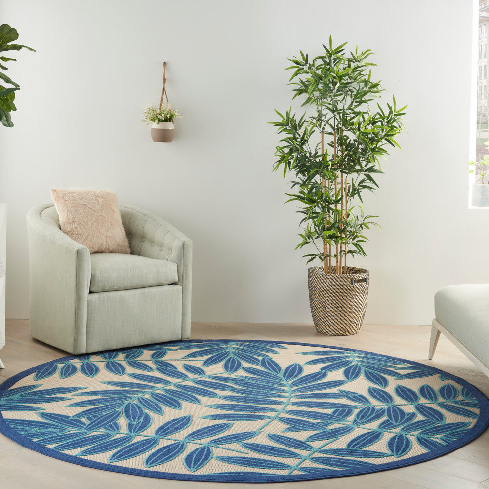 Nourison Aloha 7'10" Round Navy Tropical Area Rug