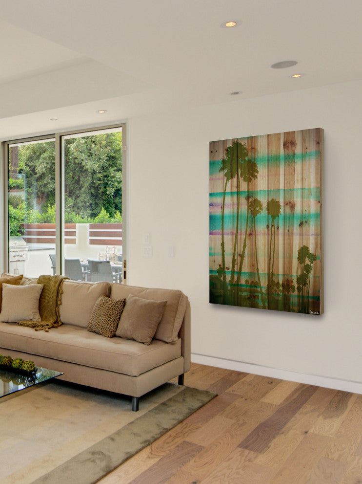 "Rainbow Through the Palms" Print on Natural Pine Wood, 24"x36"