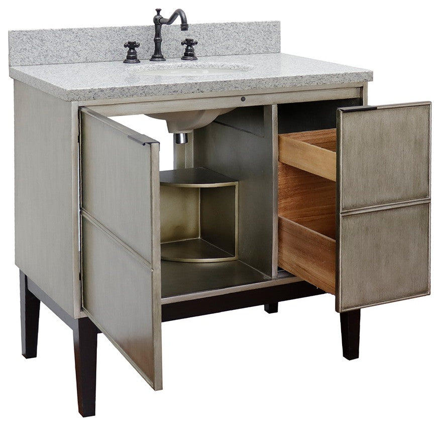 37" Single Vanity, Linen Brown Finish With Gray Granite Top And Oval Sink