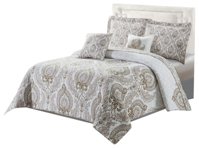 Heart Damask 5 Piece Quilt Bedspread Sets, Antique White, King, 102"x90"