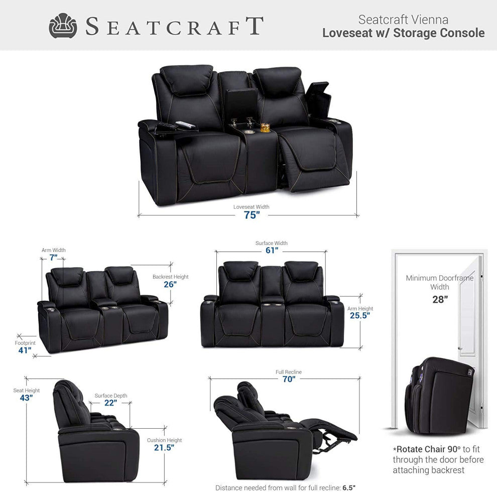 Seatcraft Vienna Home Theater Seating, Black, Sofa Loveseat
