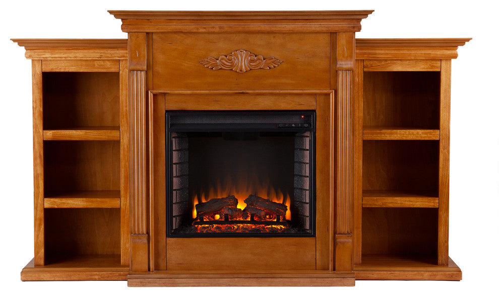 Canterbury Electric Fireplace With Bookcases, Glazed Pine