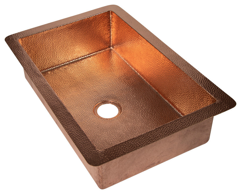 33" Drop-in Single Bowl Hammered Copper Kitchen Sink, 16 Gauge