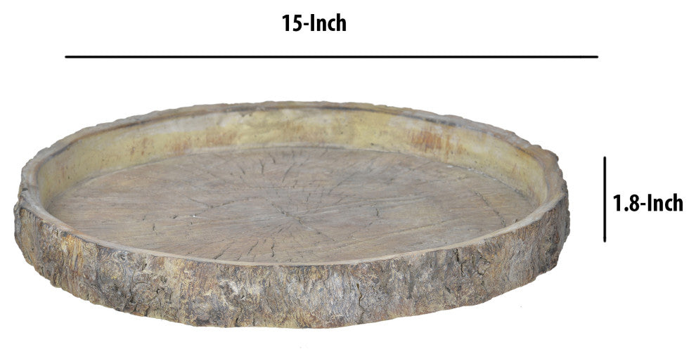 Benzara BM200902 Round Shape Cemented Log Plate With Distressed Details, Gray