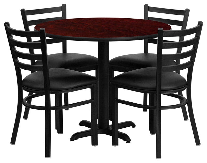 Dyersburg 5pcs Table Set Round 36" Mahogany Laminate X-Base, Black Chair