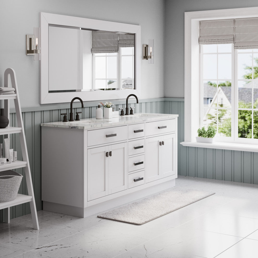 Hartford 72" Double Sink Marble Countertop Bath Vanity, White, Vanity With Goose