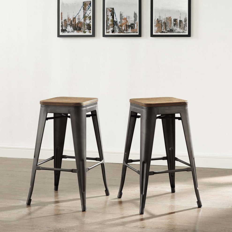 Counter Stool Chair, Set of 2, Wood, Metal, Brown, Modern, Bar Pub Restaurant