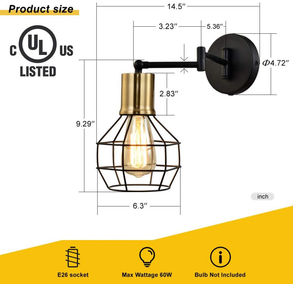 2 pack swing arm wall sconce black and gold cage wall lighting fixture