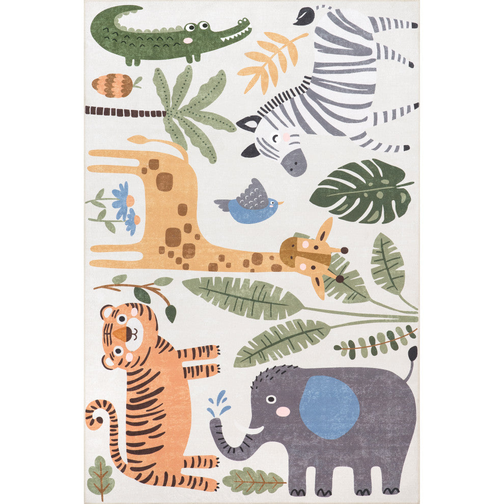 Nuloom Felipa Safari Washable Kids Area Rug, White Multicolor 7'x9'