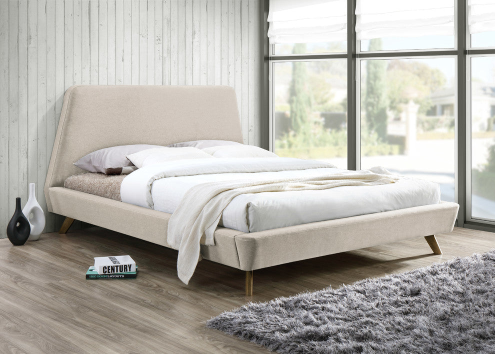 Henry Mid-Century Modern Upholstered Platform Bed, Beige, Queen