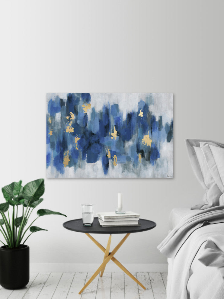 "Blurry Blue Flowers II" Painting Print on Wrapped Canvas, 36"x24"