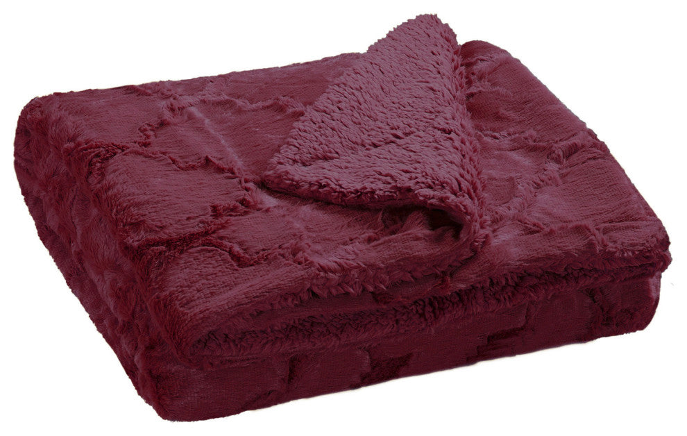 Ashley Brushed Faux Fur & Matching Sherpa Borrego Backing Throw, Burgundy, 50" X 60"