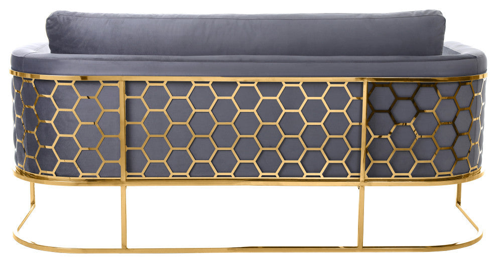 Casa Velvet Upholstered Sofa, Grey, Gold Finish