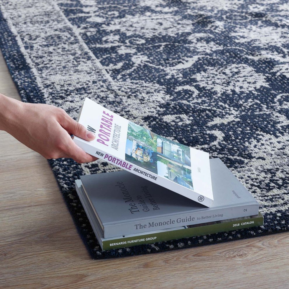 Dark Blue and Ivory Kazia Distressed Floral Lattice 5x8 Area Rug