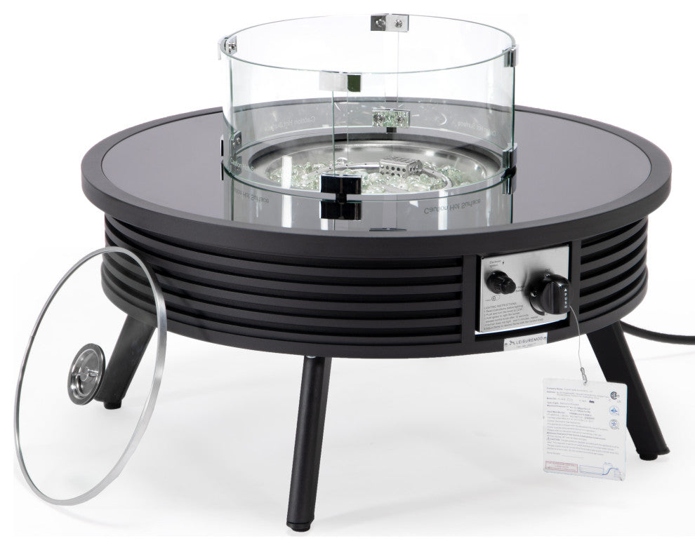 LeisureMod Walbrooke Round Fire Pit Table and Tank Holder With Slats, Black