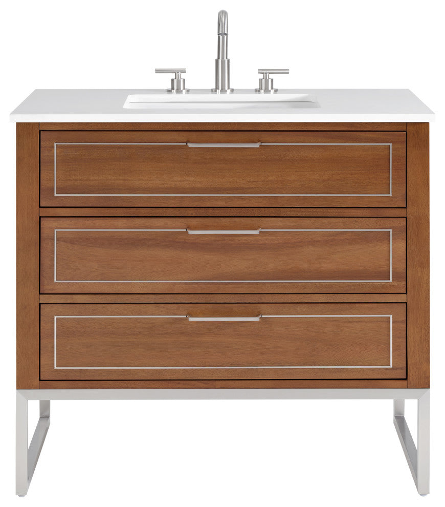 Markham Bathroom Vanity, Walnut/Brushed Nickel, 36", White Quartz Top
