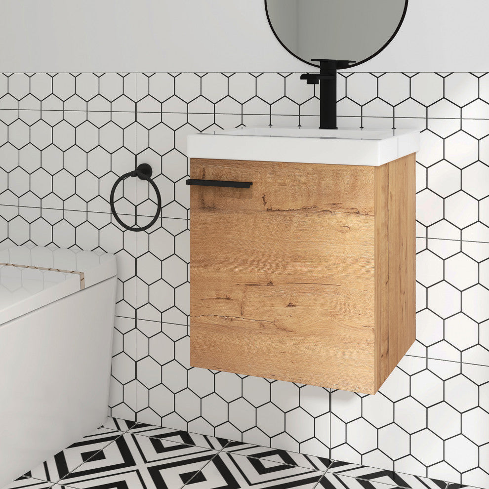 18 in. Wall-Mounted Small Bathroom Vanity With Ceramic Sink, Imitative Oak