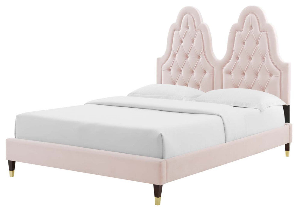 Tufted Platform Bed Frame, Queen Size, Velvet, Pink, Modern Contemporary