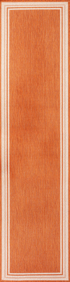 James Modern Border Stripe Indoor/Outdoor Area Rug, Orange/Cream, 2x8