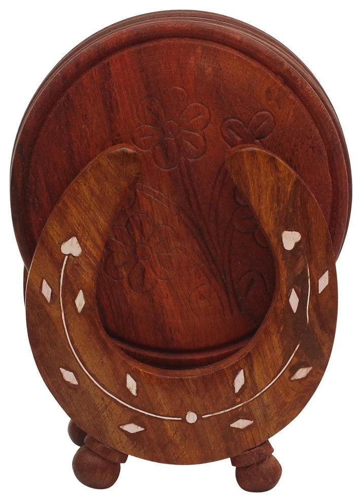 Retro Wooden Drink Coasters with Horseshoe Shaped Holder, Brown
