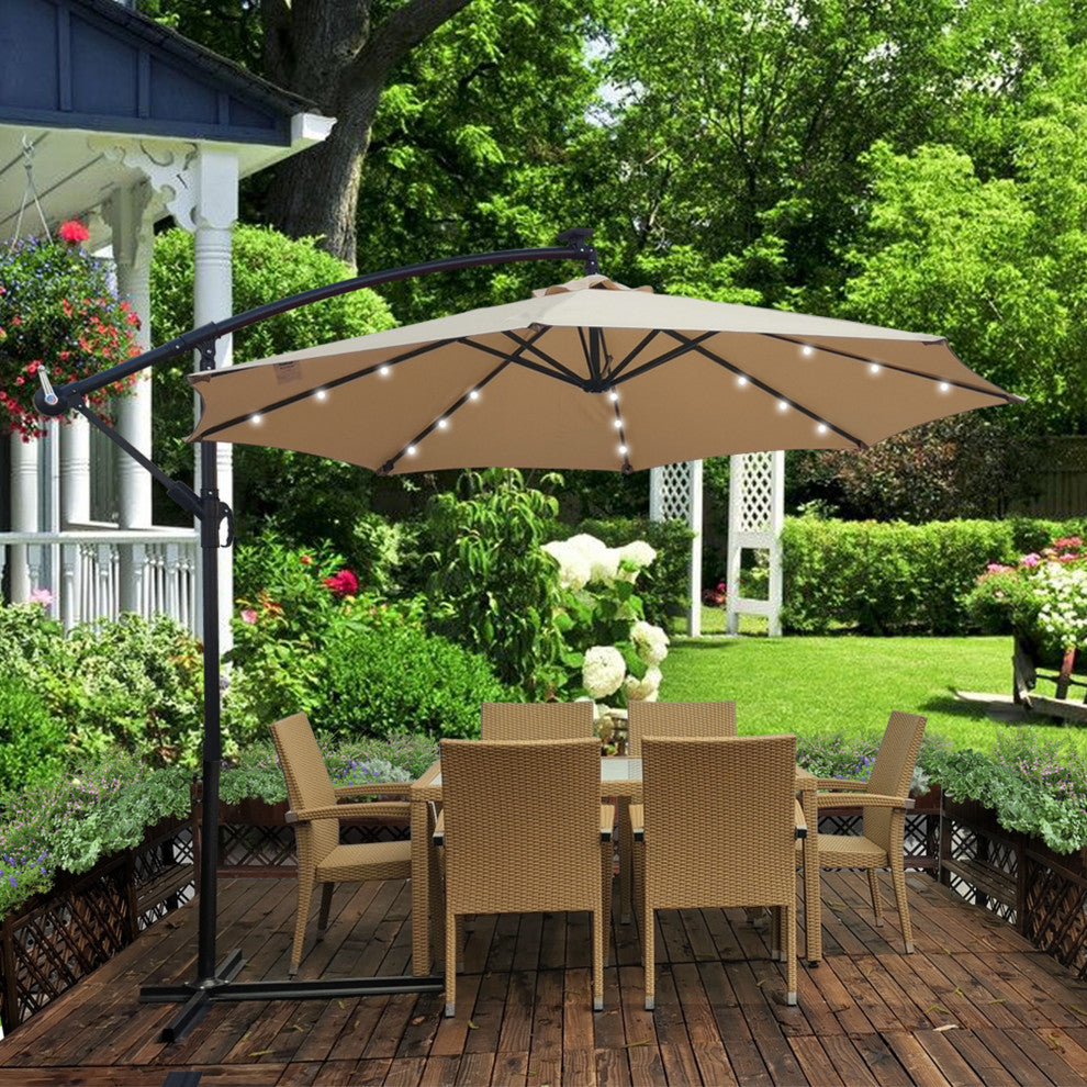 10' Steel Patio Umbrella Outdoor Market With Crank and LED Lights, Tan