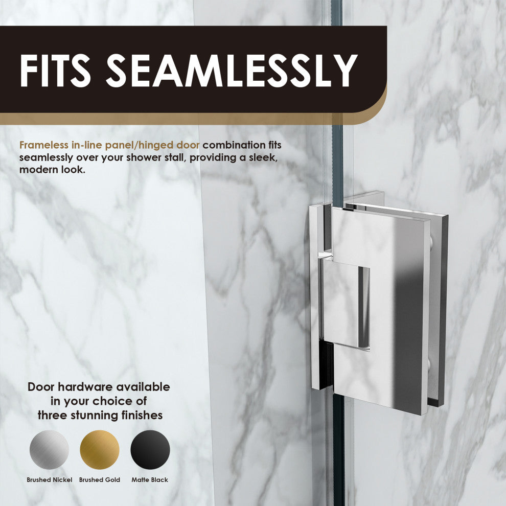 Roisin Frameless Hinged Shower Door, Clear Glass, Polished Chrome, 52"wx74"h