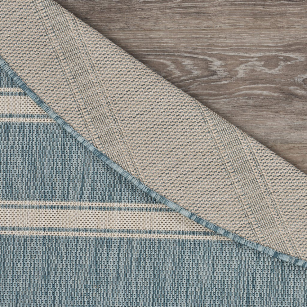 8" Round Teal Striped Indoor Outdoor Area Rug