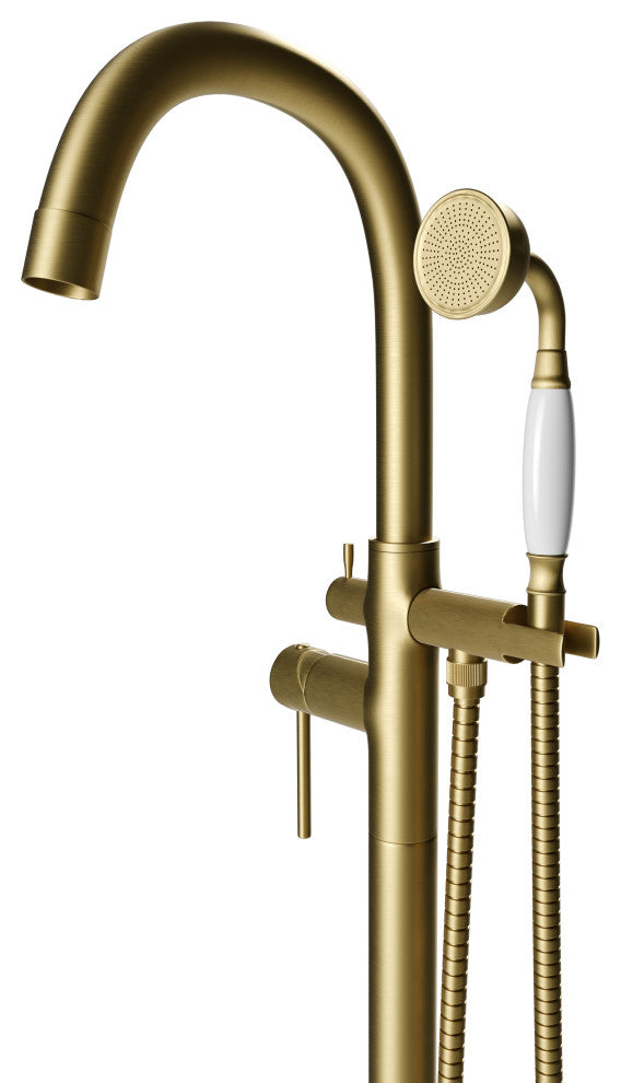CastelloUSA Neptune Freestanding Tub Filler Faucet, Brushed Gold, Drift Handle