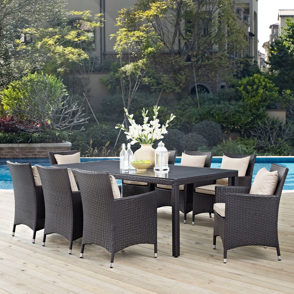 9 Piece Outdoor Dining Set, Faux Wicker Rattan, Beige