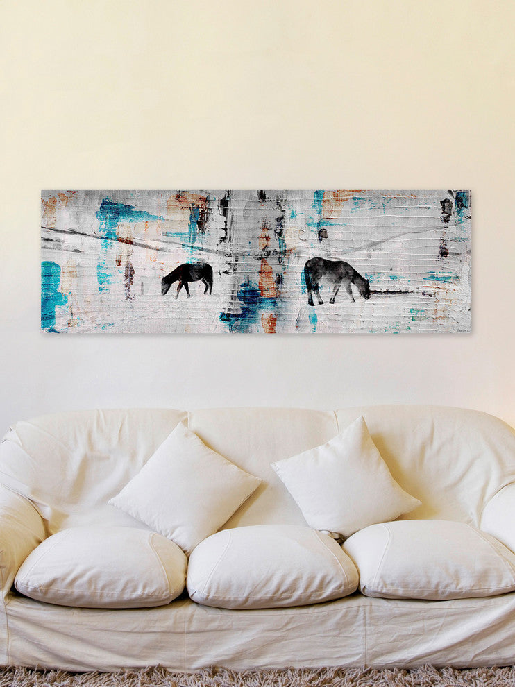"Two Horses Grazing" Painting Print on Wrapped Canvas, 30"x10"