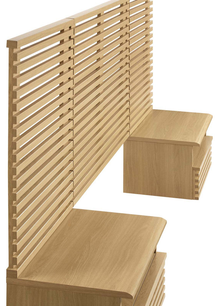 Render Wall Mount Twin Headboard and Modern Nightstands, Oak