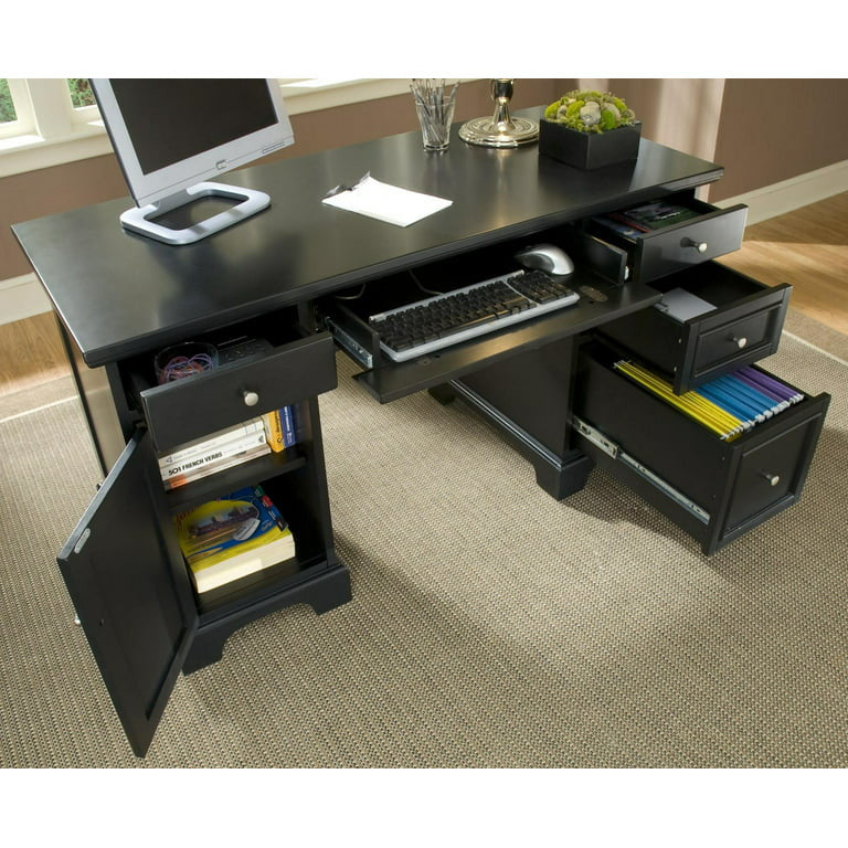 Contemporary Executive Desk, Double Pedestal Design With Storage Drawers, Black