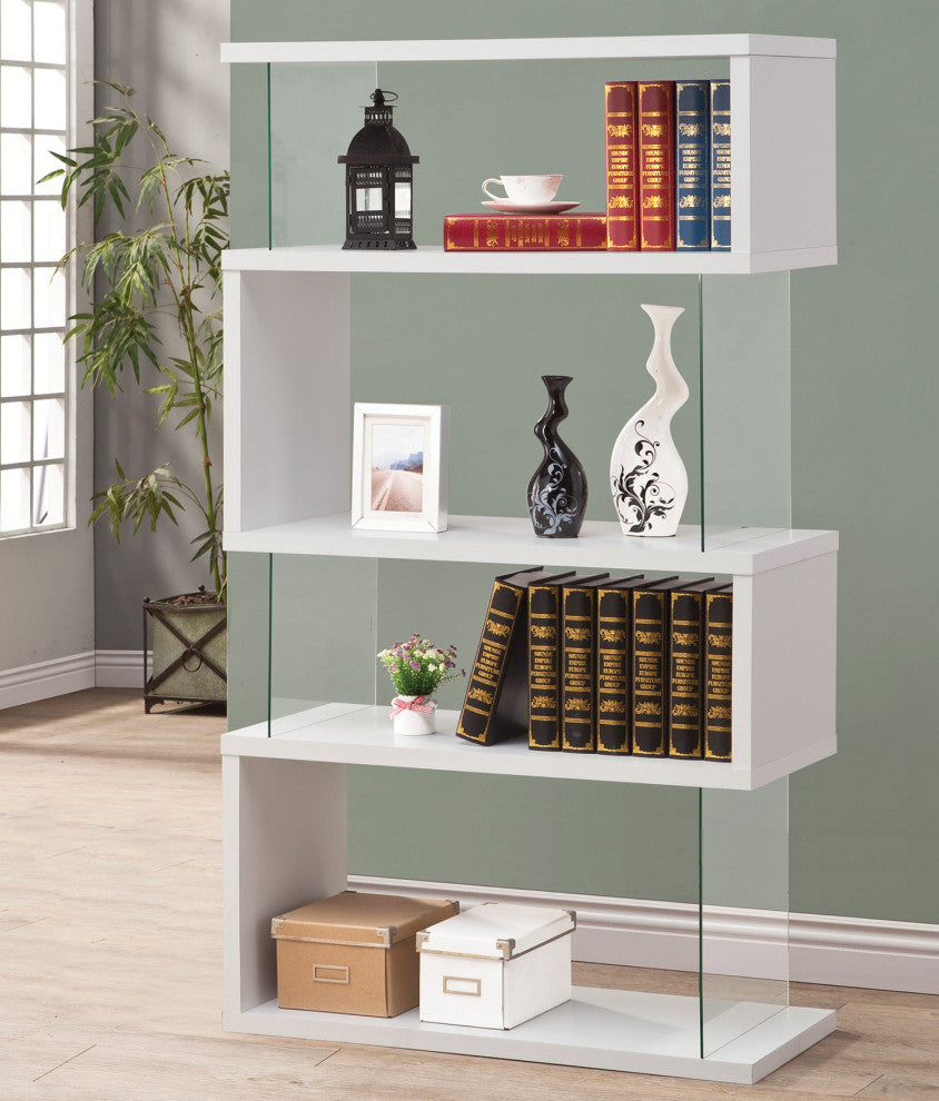 Asymmetrical Snaking Bookcase White Glossy and Clear