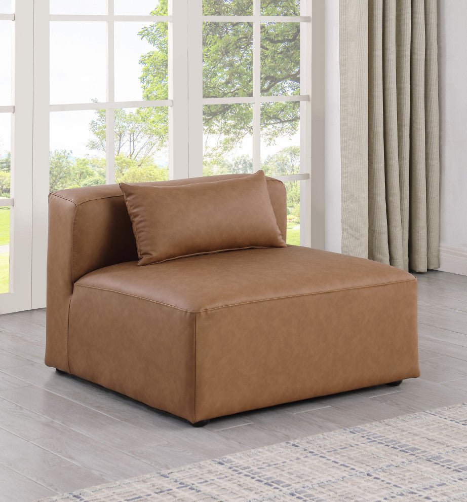 Cube Upholstered Modular Component, Brown, Vegan Leather, Armless Chair