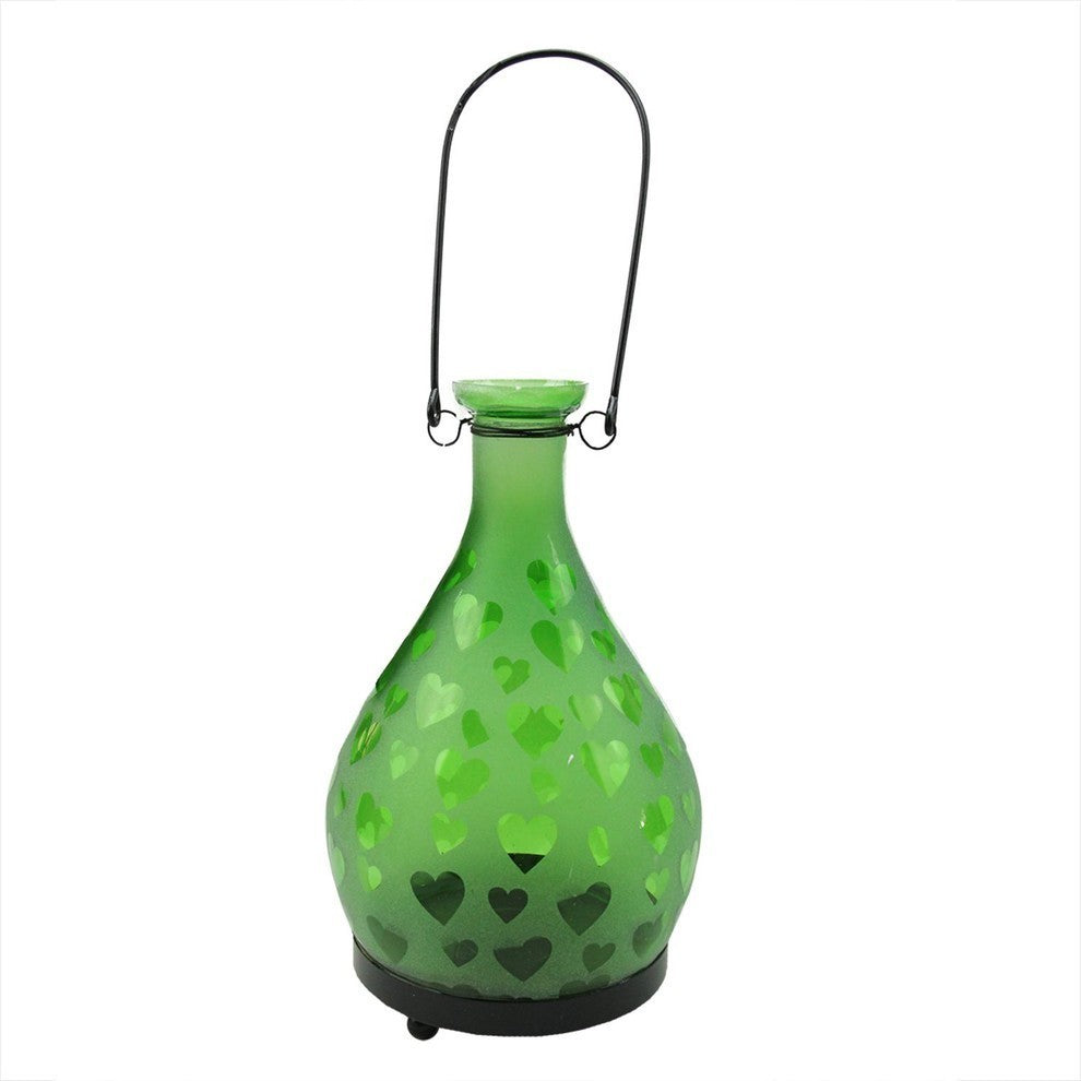 Frosted Hearts Glass Bottle Tea Light Candle Lantern Decoration, Green