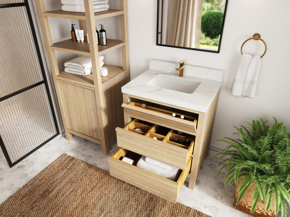 Elizabeth Oak 30" Single Sink Vanity, White 2" Venatino Quartz