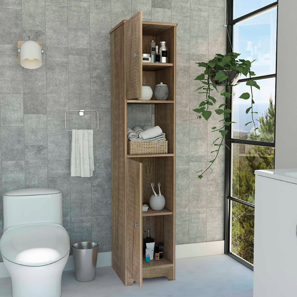 Charlotte Linen Cabinet with 2 Single Door Cabinets and Open Shelf, Light Oak