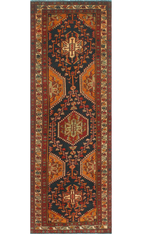 Fine Vintage Distressed Walbrydg Navy/Beige Runner, 3'7x10'6