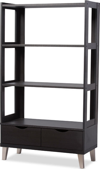 Kalien Dark Brown Wood Leaning Bookcase With Display Shelves and Two Drawers
