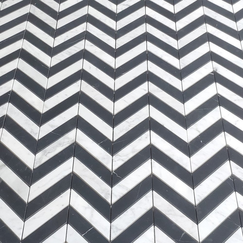 Carrara White Nero Marquina Black Marble 1x4 Chevron Mosaic Tile Honed, 1 sheet