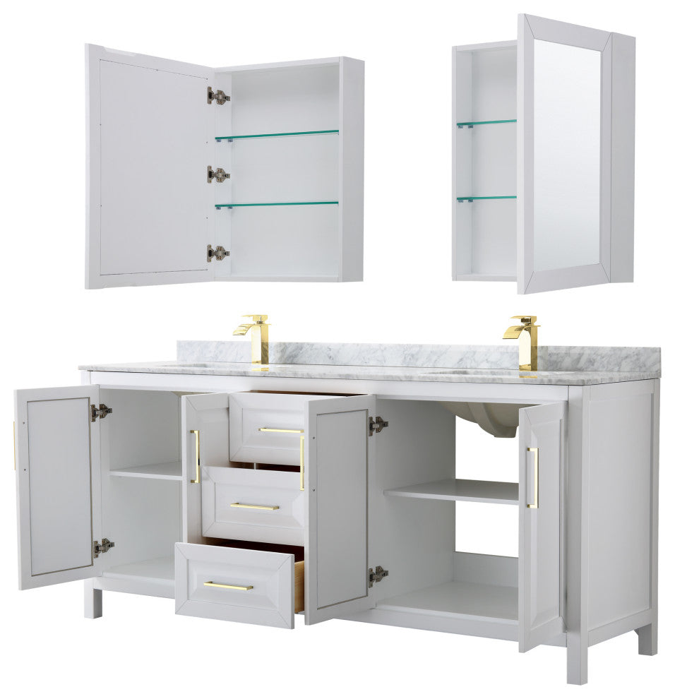 80"DBL Bathroom Vanity White, Carrara Countertop, Sinks, Med.Cabinets, Gold Trim