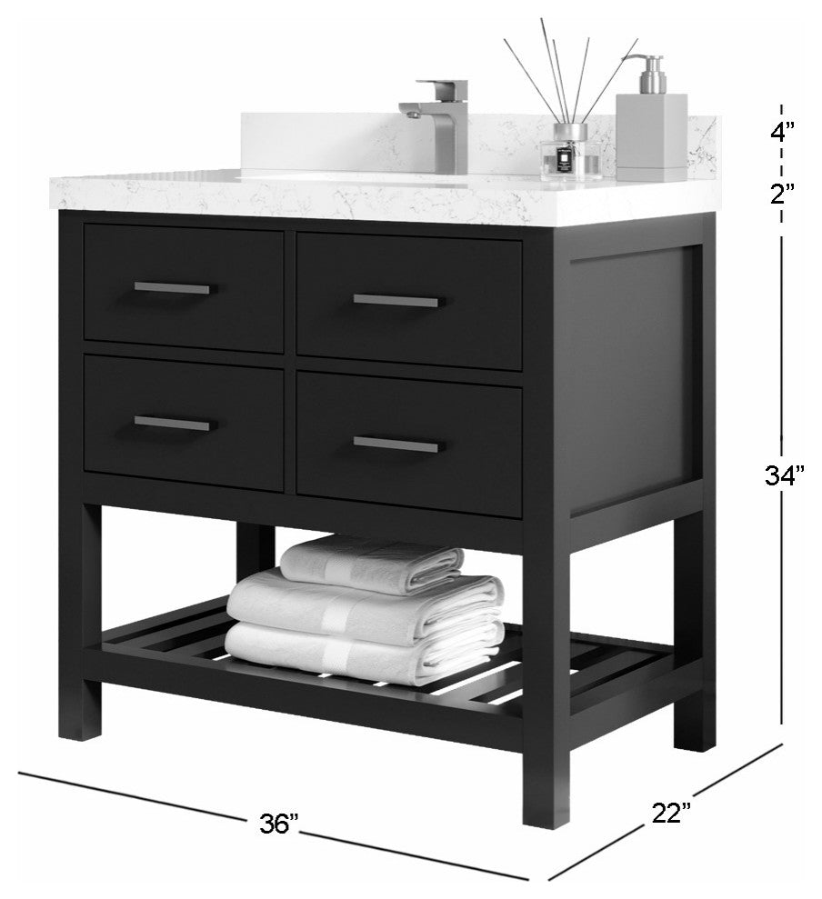 Parker 36" Single Sink Bath Vanity, Black 2" Calacatta Black