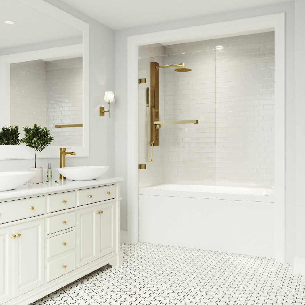 VIGO Rialto 34" W x 58" H Frameless Hinged Tub Door, Matte Brushed Gold, Clear Glass
