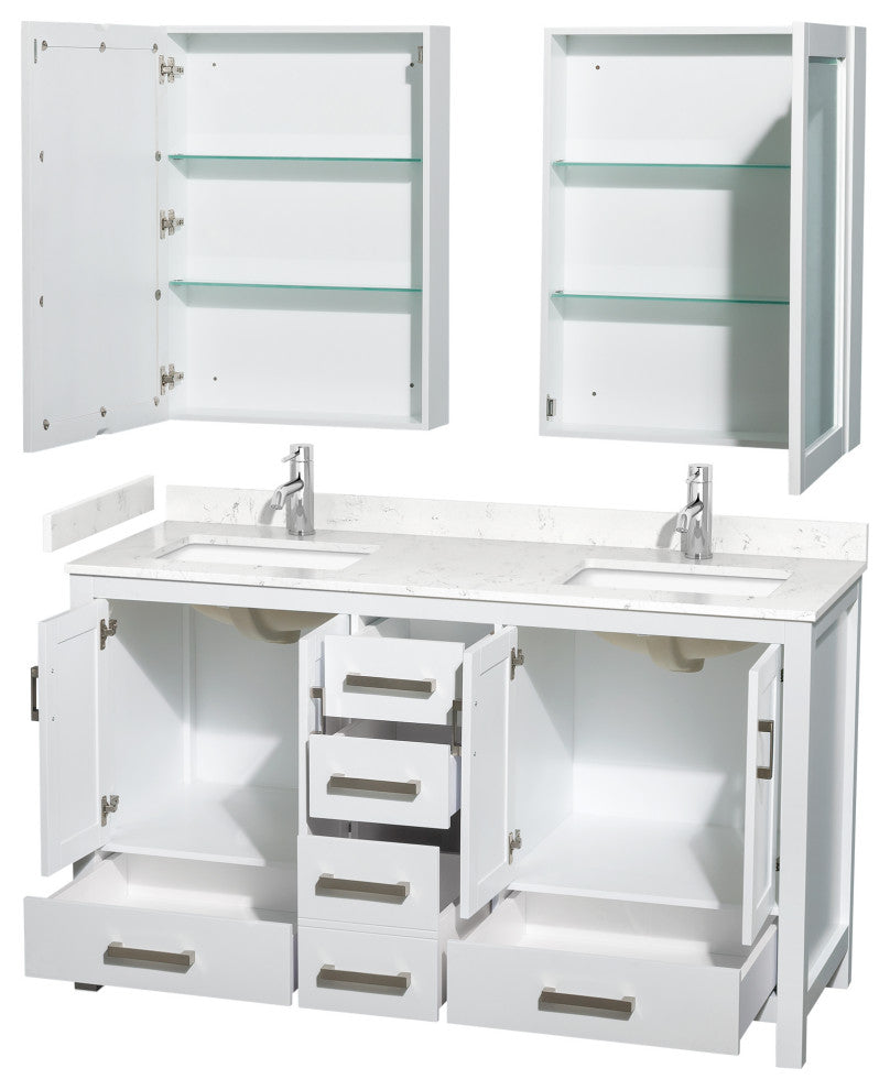 60"DBL Vanity White, Carrara Cult. Marble Countertop, Sinks, Med. Cabinets