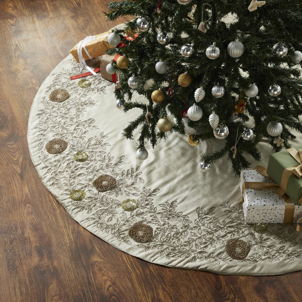 Cafe Au Lait Velvet Tree Skirt Beaded Flowers