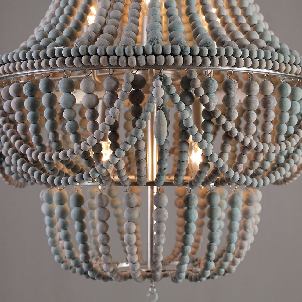 Katia Boho Wood Beaded Chandelier Empire Ceiling Light in Gray & Blue