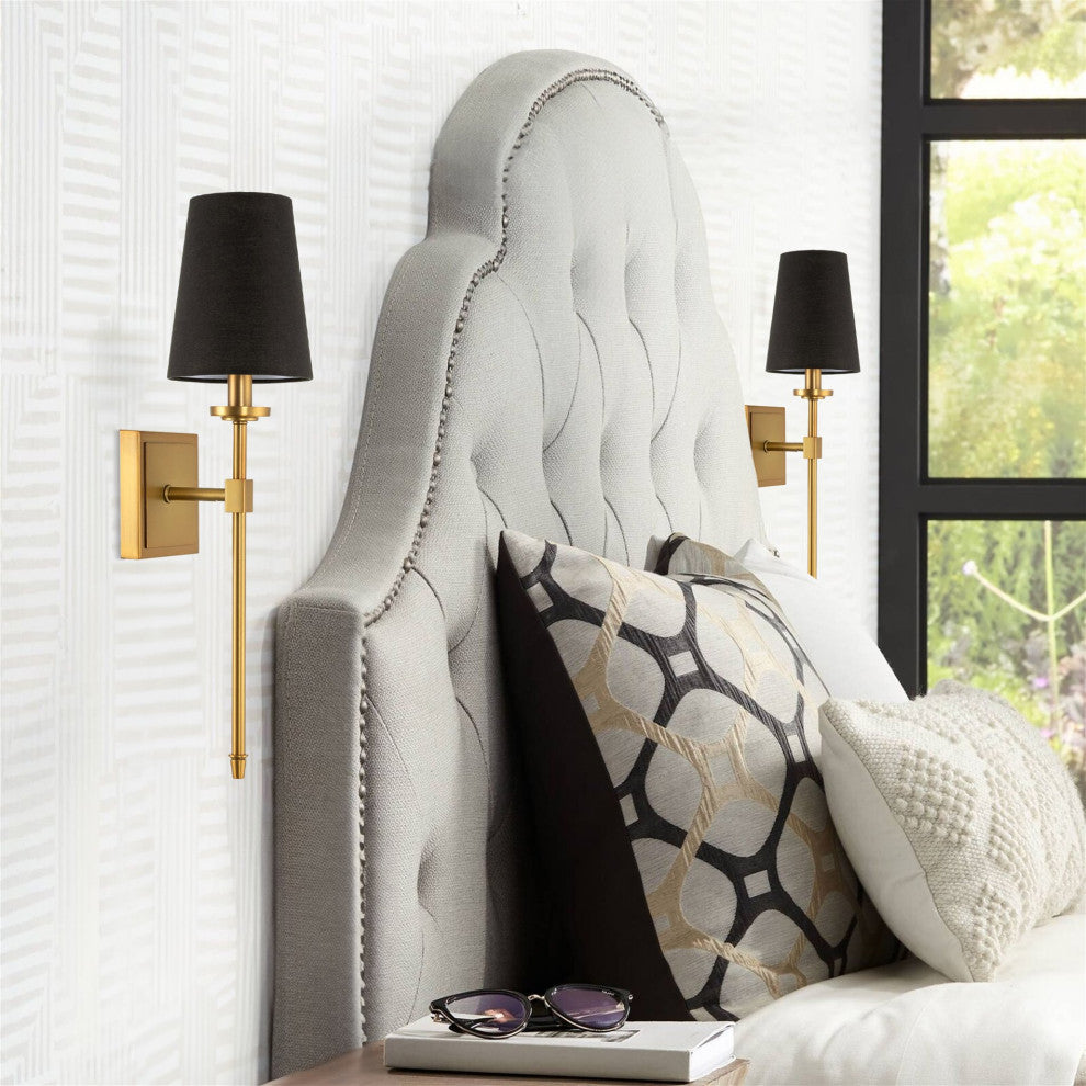 Kira Home Torche 20" Wall Sconce/Wall Light + Black Linen Shade, Warm Brass