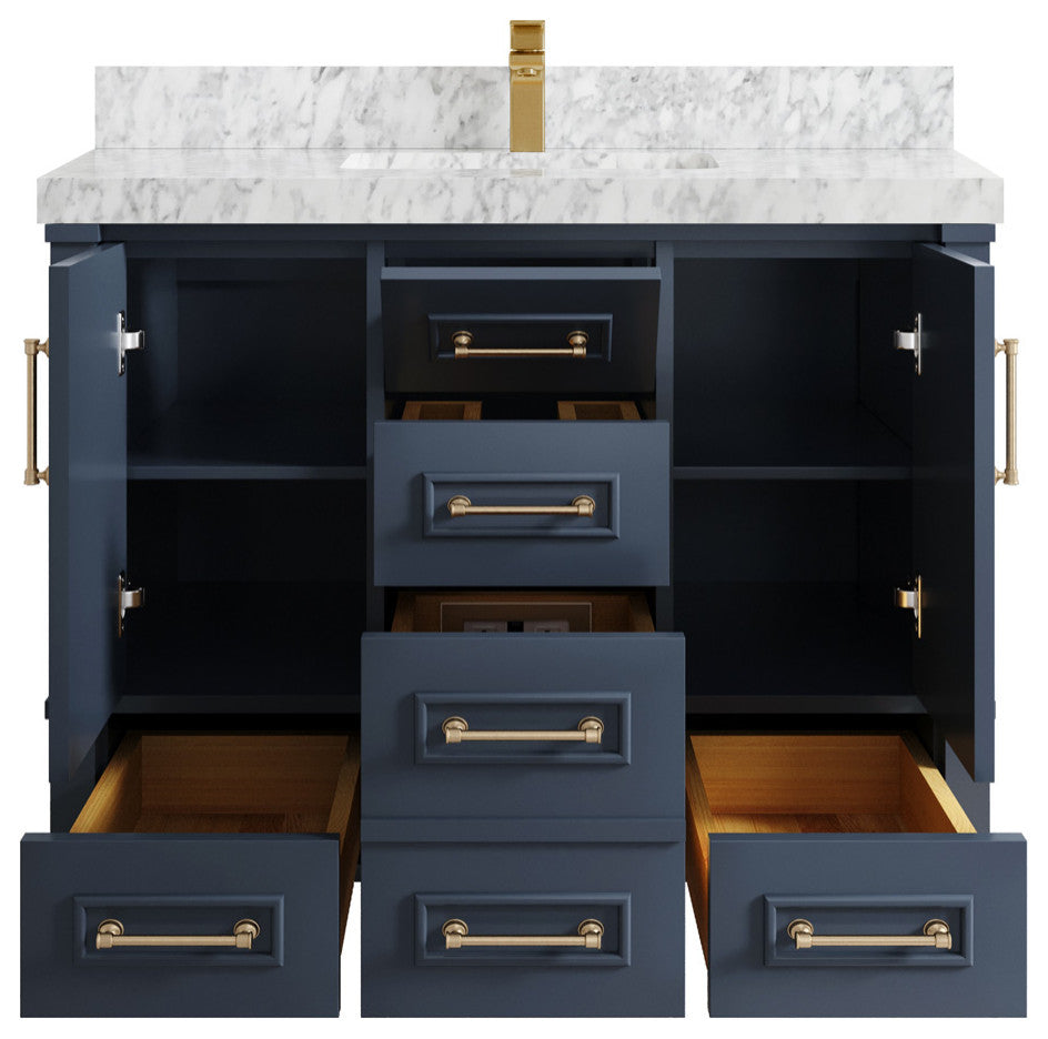 Aberdeen 42 Single Sink Bath Vanity in Hale Navy Blue  2" Carrara Marble