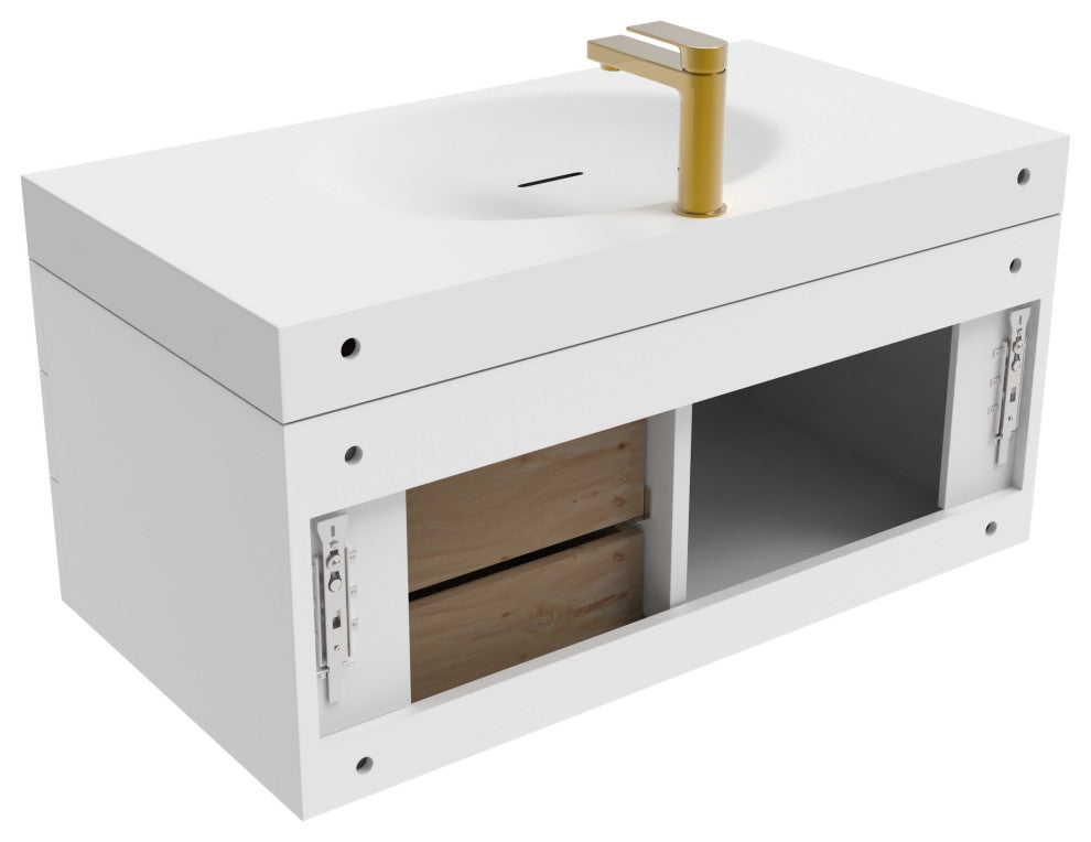 CastelloUSA Thames Shallow Basin Vanity Set, White, 36", White Top, Gold Handles