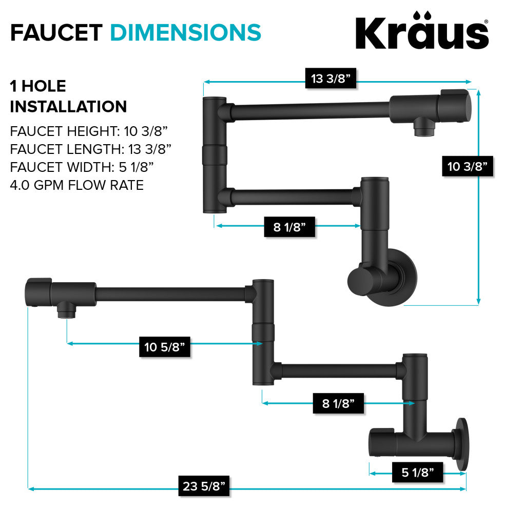 KRAUS Bolden 2 Handle Wall Mount Pot Filler Faucet, Retractable Arm, MB
